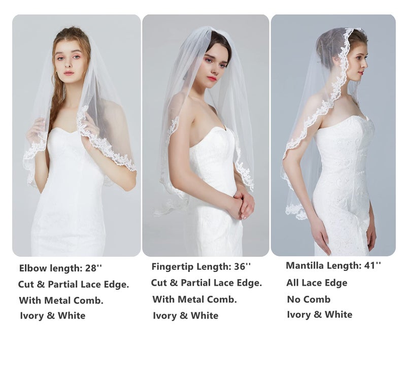 BEAUTELICATE Wedding Bridal Veil with Comb 1 Tier Lace Applique Edge Fingertip Length - Image 4